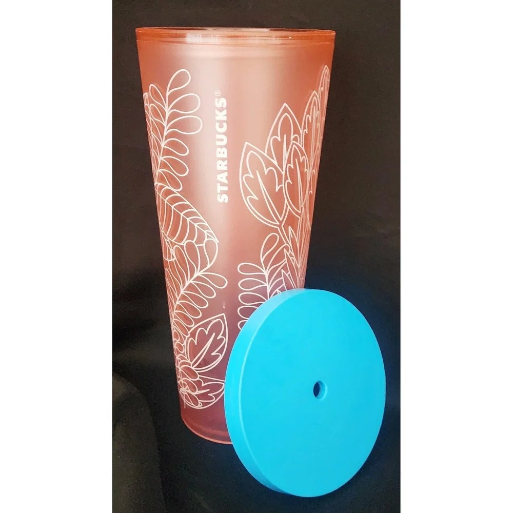 Starbucks 2016 Cup Tumbler Plastic Orange White Leaves  Blue Lid No Straw 9
